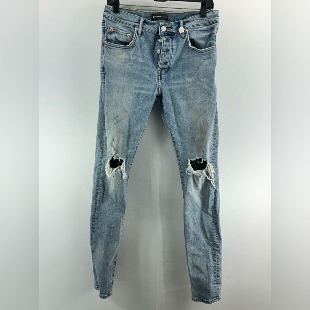 Purple Ripped Distressed Paint Spatter Skinny Jeans- Size 33" x 32"